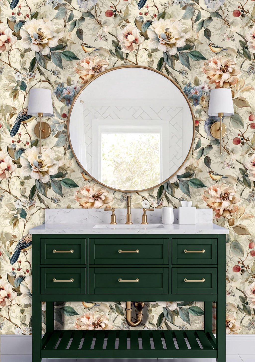 a bathroom vanity with a green cabinet and a round mirror above it, set against a floral wallpaper.
