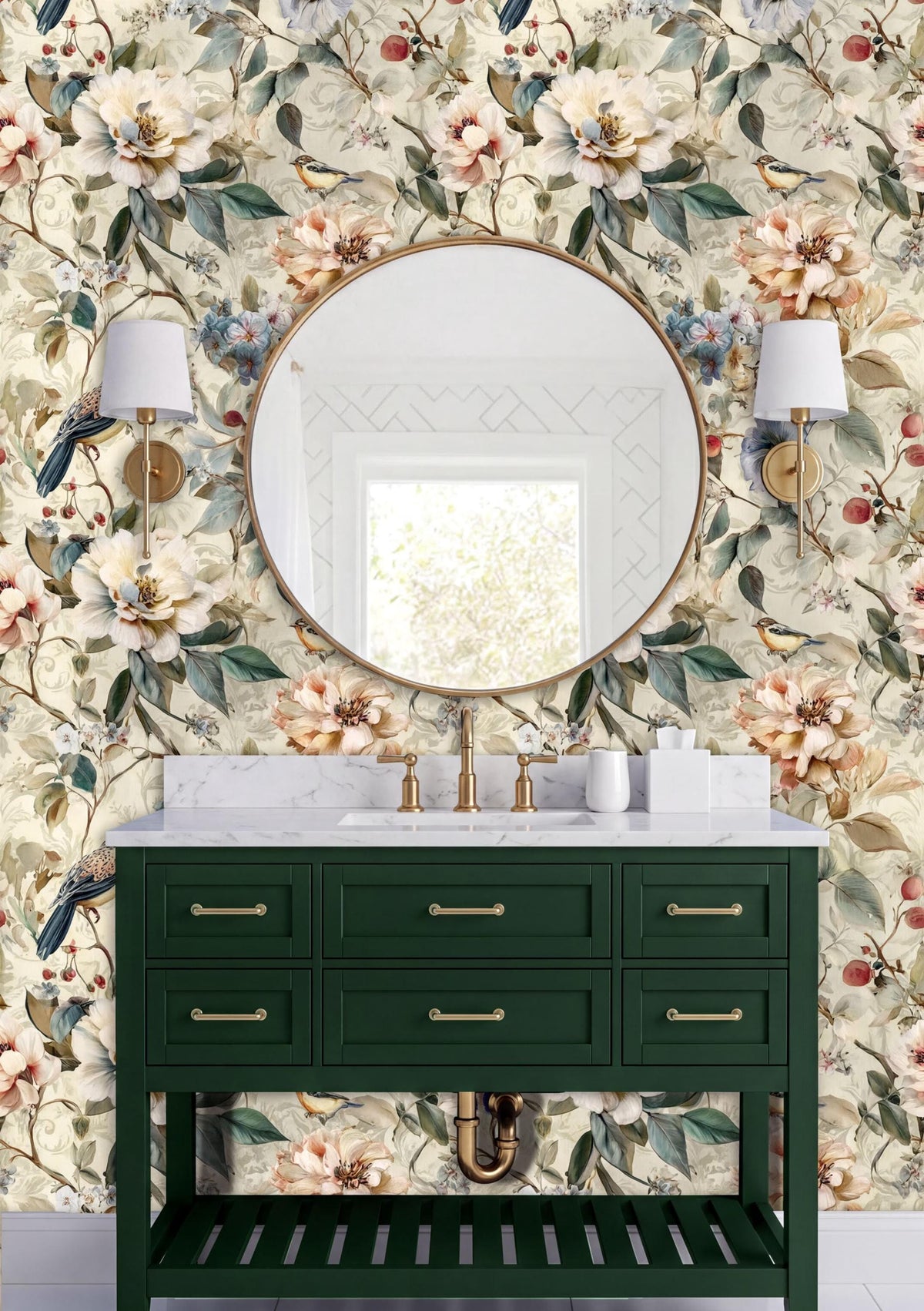 a bathroom vanity with a green cabinet and a round mirror above it, set against a floral wallpaper.
