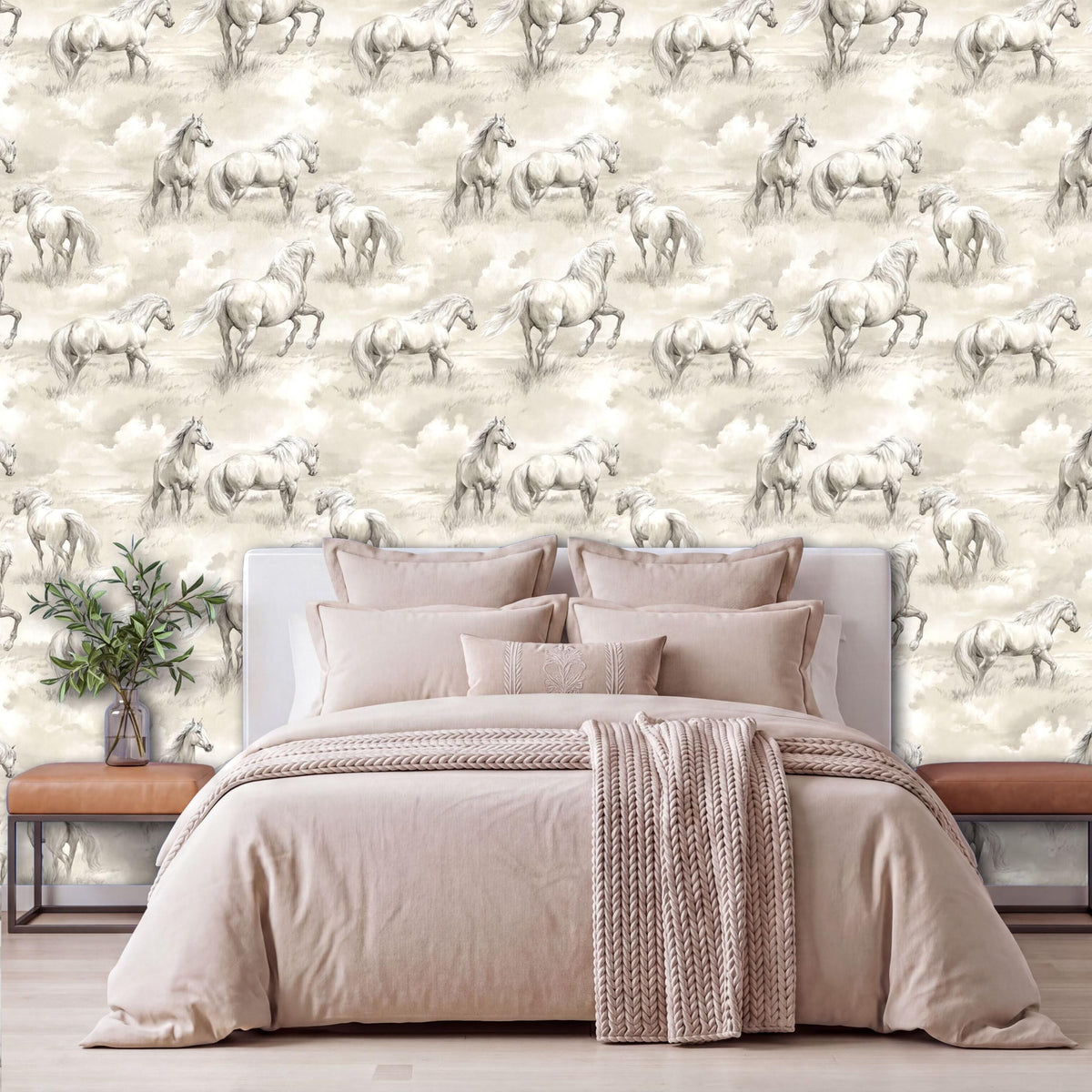a bedroom with a large bed, a wooden nightstand, and a wallpapered wall with a repeating pattern of horses.