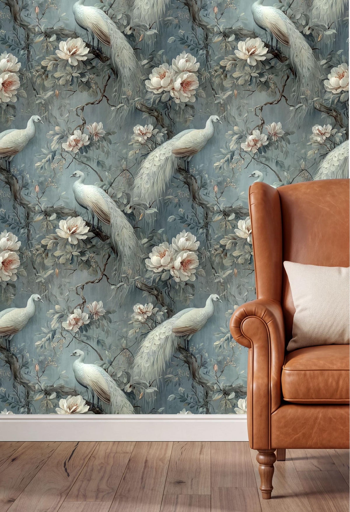 a wallpapered wall with a repeating pattern of white peacocks and pink flowers, creating a serene and elegant atmosphere. In the foreground, there is a brown leather armchair with a white pillow, providing a cozy and inviting setting.
