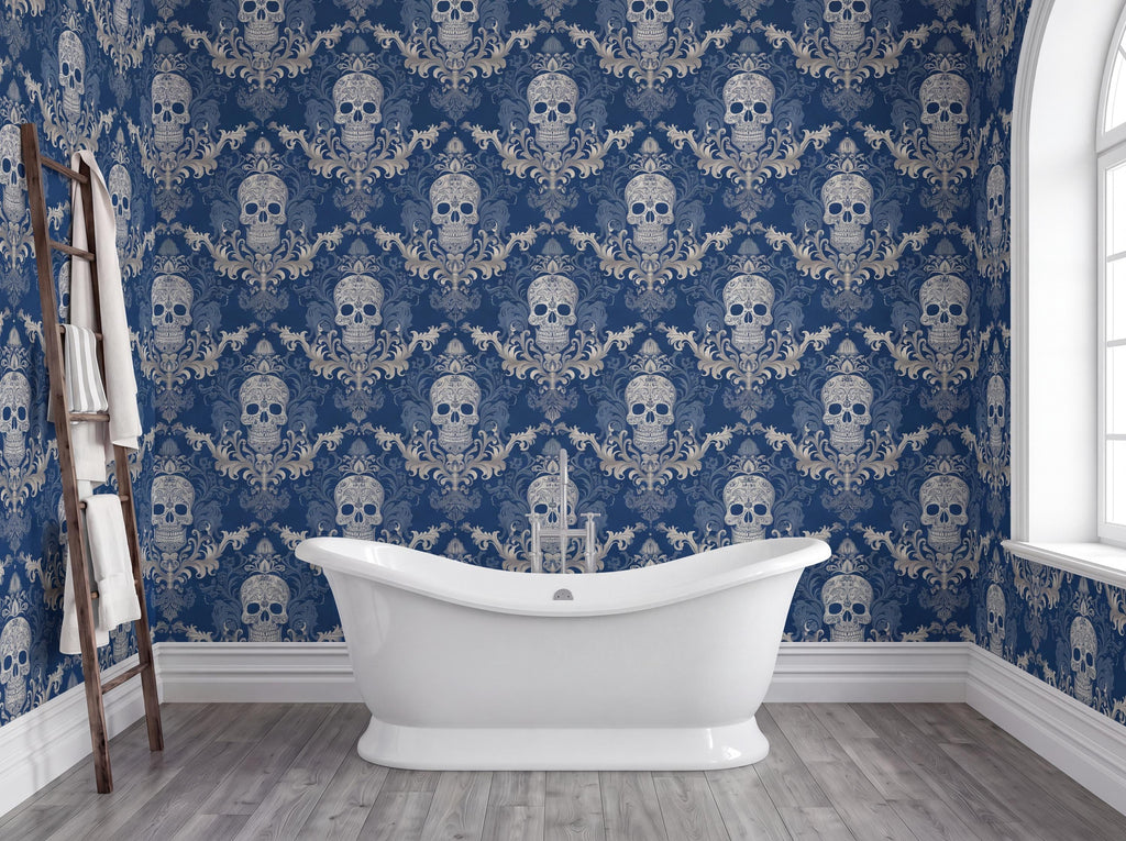 a bathroom with a white clawfoot bathtub in the center, surrounded by a blue and white skull wallpaper. A wooden ladder is leaning against the wall next to the bathtub.
