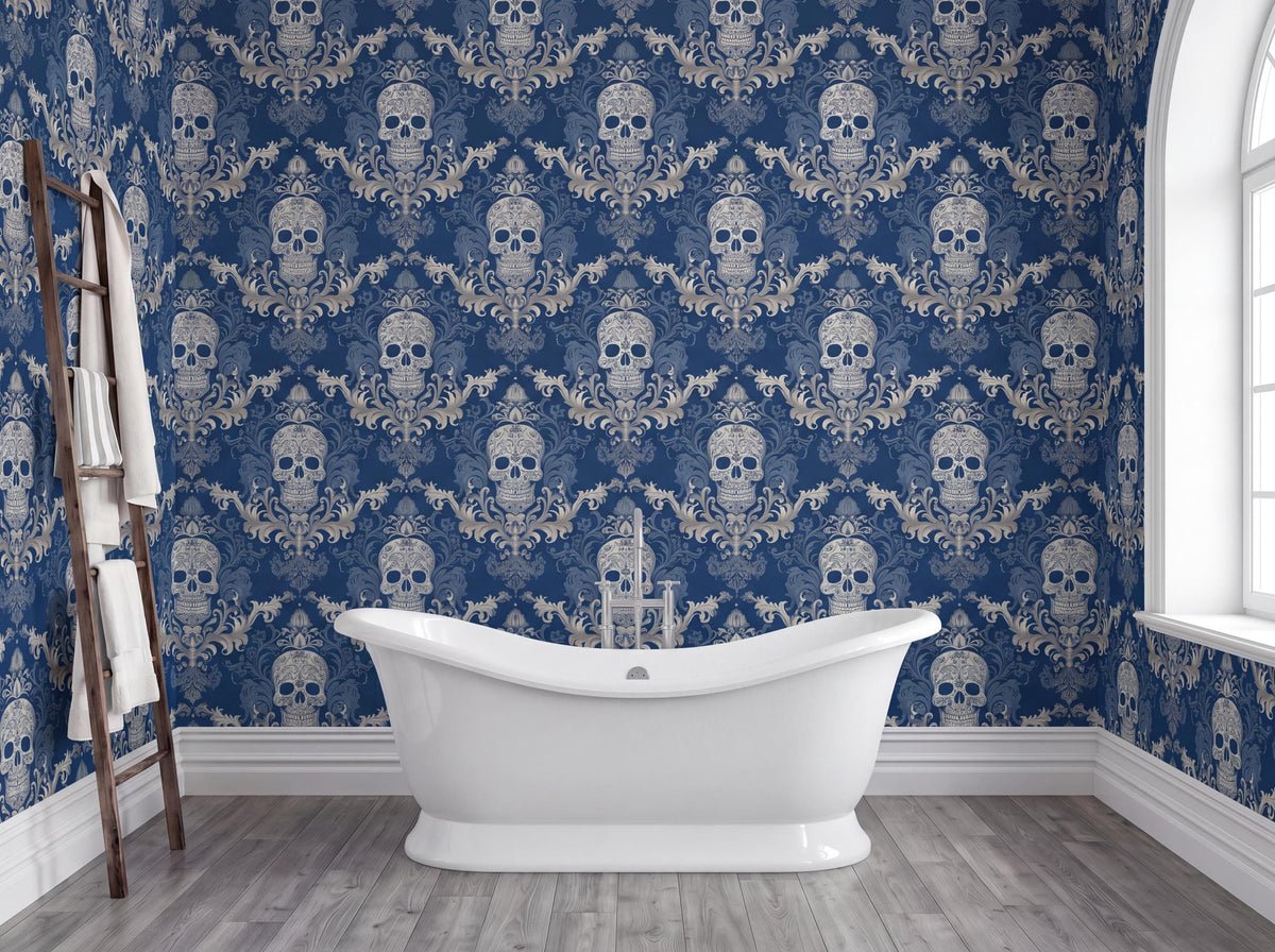 a bathroom with a white clawfoot bathtub in the center, surrounded by a blue and white skull wallpaper. A wooden ladder is leaning against the wall next to the bathtub.
