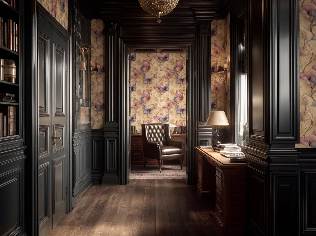 a luxurious and ornate hallway with dark wood paneling, floral wallpaper, and a chandelier hanging from the ceiling. A leather armchair is positioned in the center of the hallway, and a desk with a lamp and bookshelf can be seen on the right side.