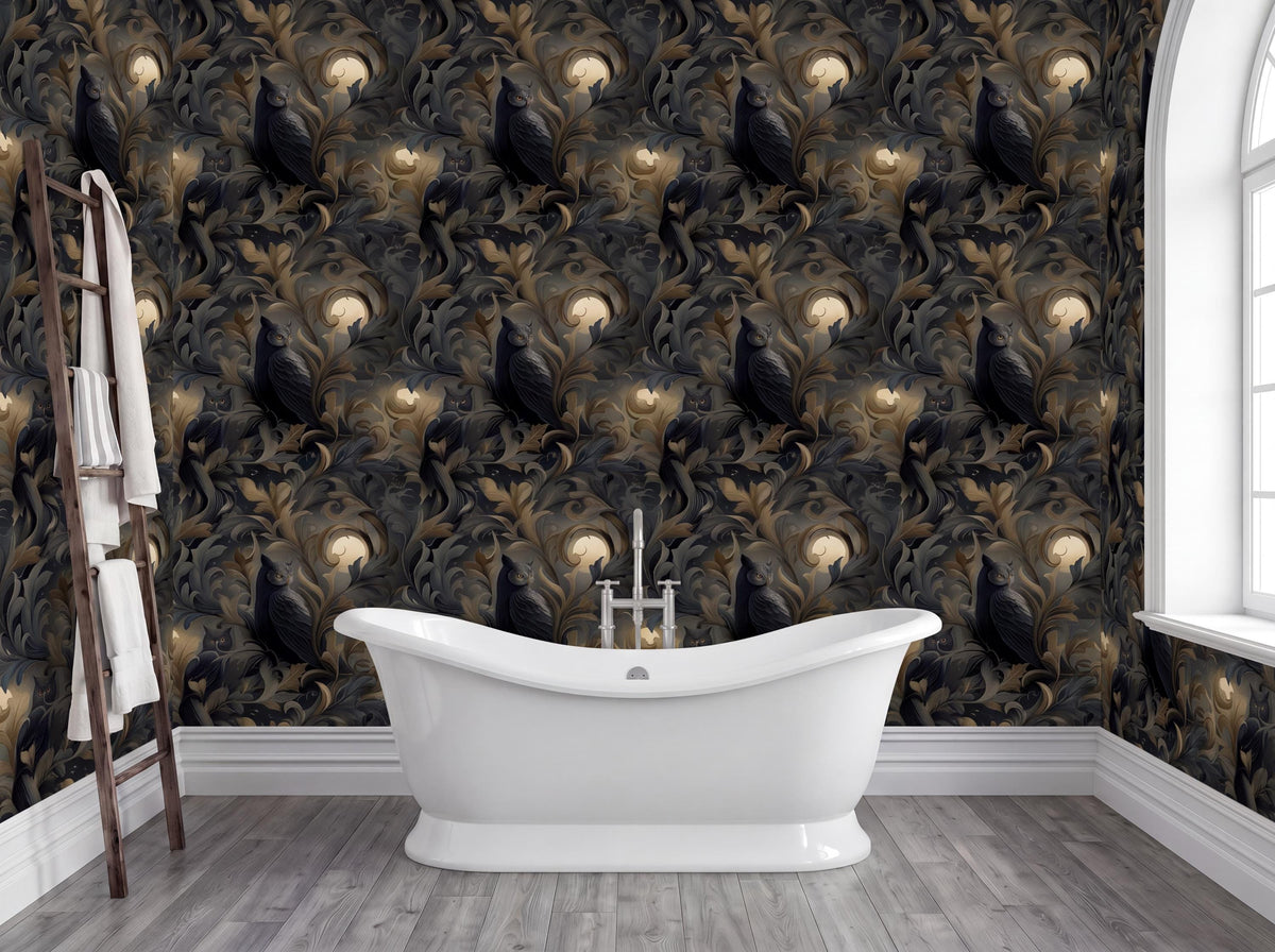 a luxurious bathroom with a large, white freestanding bathtub in the center. The walls are covered in a dark, ornate wallpaper with a repeating pattern of black and gold birds. A wooden ladder is leaning against the wall, and a window is visible on the right side of the image.
