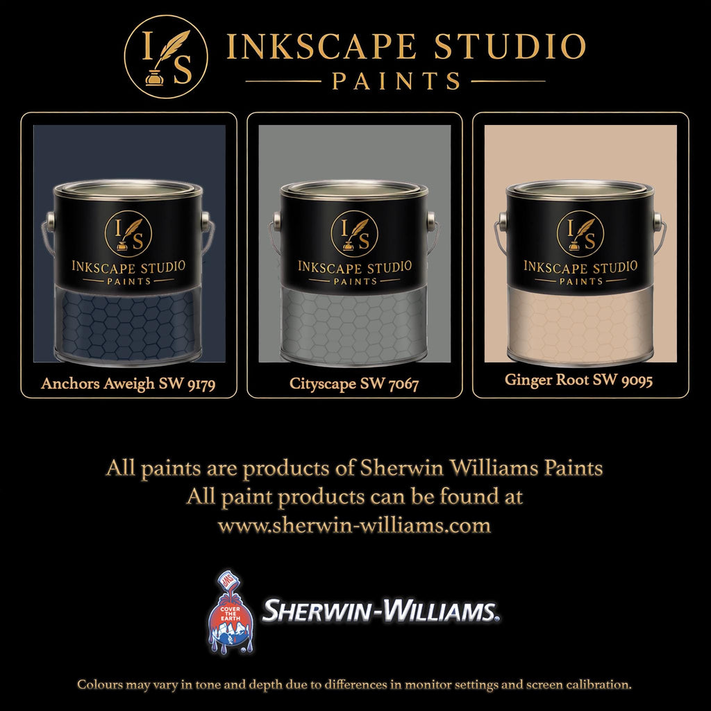 The image is an advertisement for Sherwin Williams paints, featuring three different paint color samples from the Inkscape Studio.