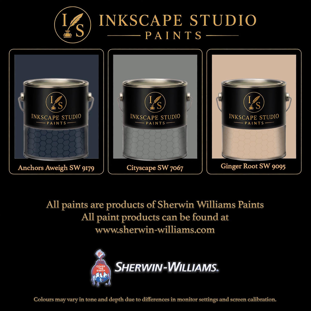 The image is an advertisement for Sherwin Williams paints, featuring three different paint color samples from the Inkscape Studio.