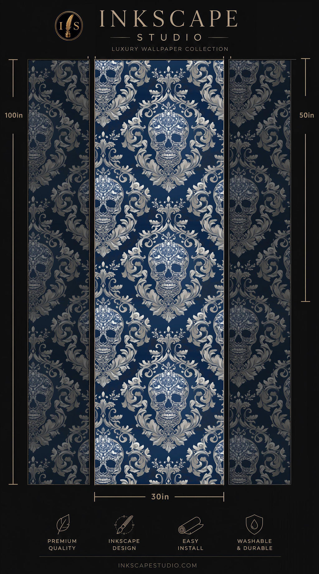 The image is a collage of three images featuring a blue and white skull pattern. The images are arranged in a vertical format, with the top image being the largest and the bottom two being the smallest. The images are displayed against a black background, and there are various descriptive text elements such as "Premium quality", "Easy to install", and "Washable & durable" to provide information about the product.