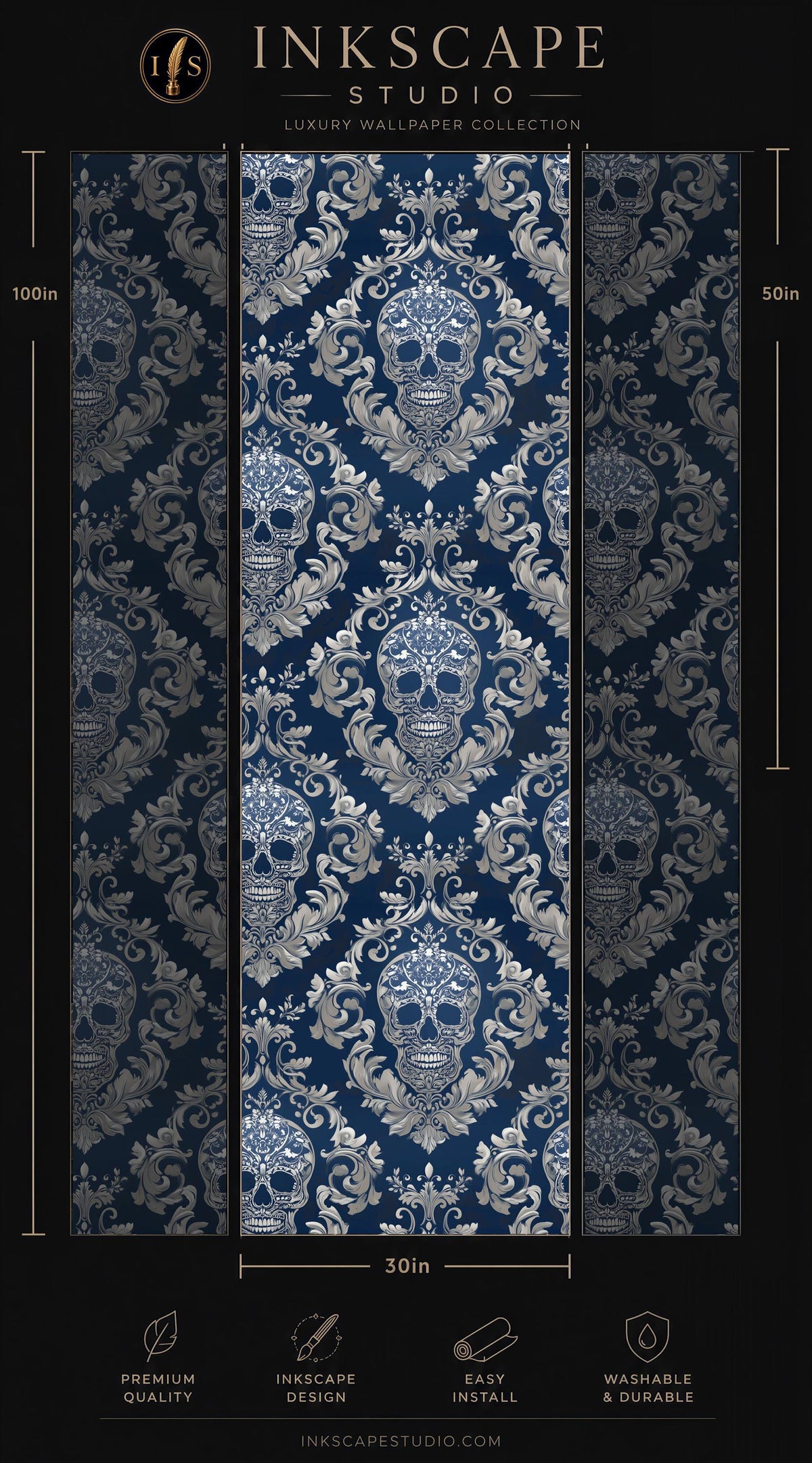 The image is a collage of three images featuring a blue and white skull pattern. The images are arranged in a vertical format, with the top image being the largest and the bottom two being the smallest. The images are displayed against a black background, and there are various descriptive text elements such as "Premium quality", "Easy to install", and "Washable & durable" to provide information about the product.