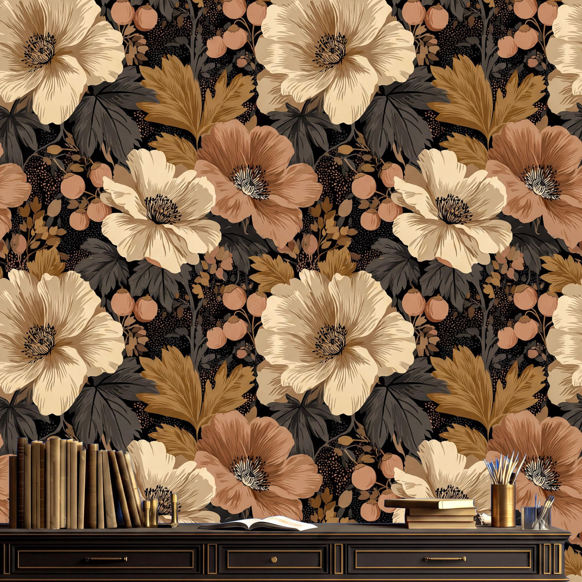 a large floral wallpaper with a dark background, adorned with various flowers and leaves in shades of brown, beige, and orange. In the foreground, there is a wooden desk with a black surface, and on the desk, there are several books and a vase.
