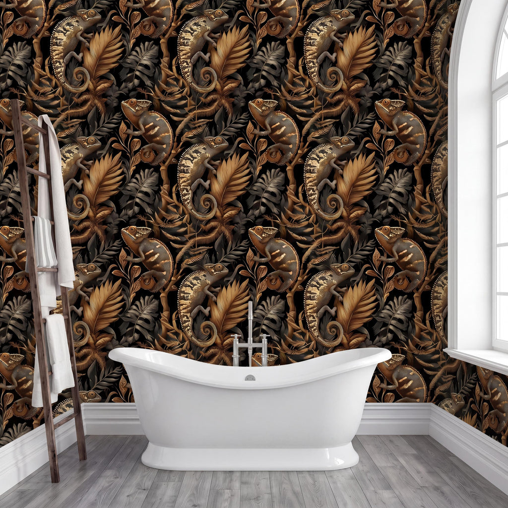 a bathroom with a white freestanding bathtub in the center, surrounded by a wall with a repeating pattern of chameleons and leaves in shades of brown and gold.