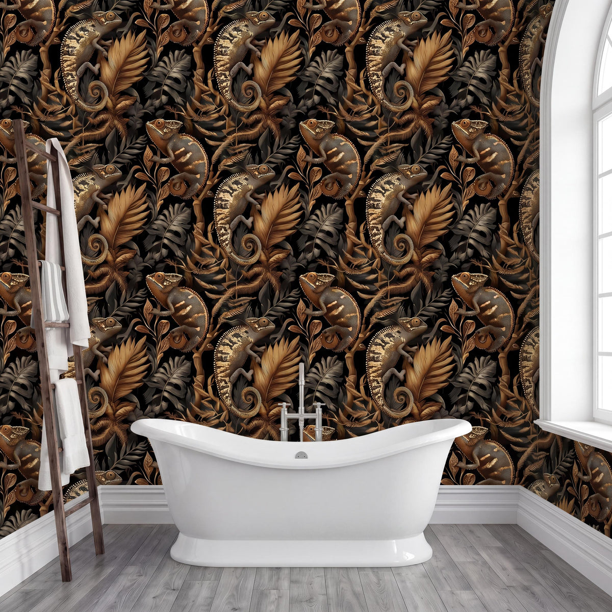 a bathroom with a white freestanding bathtub in the center, surrounded by a wall with a repeating pattern of chameleons and leaves in shades of brown and gold.