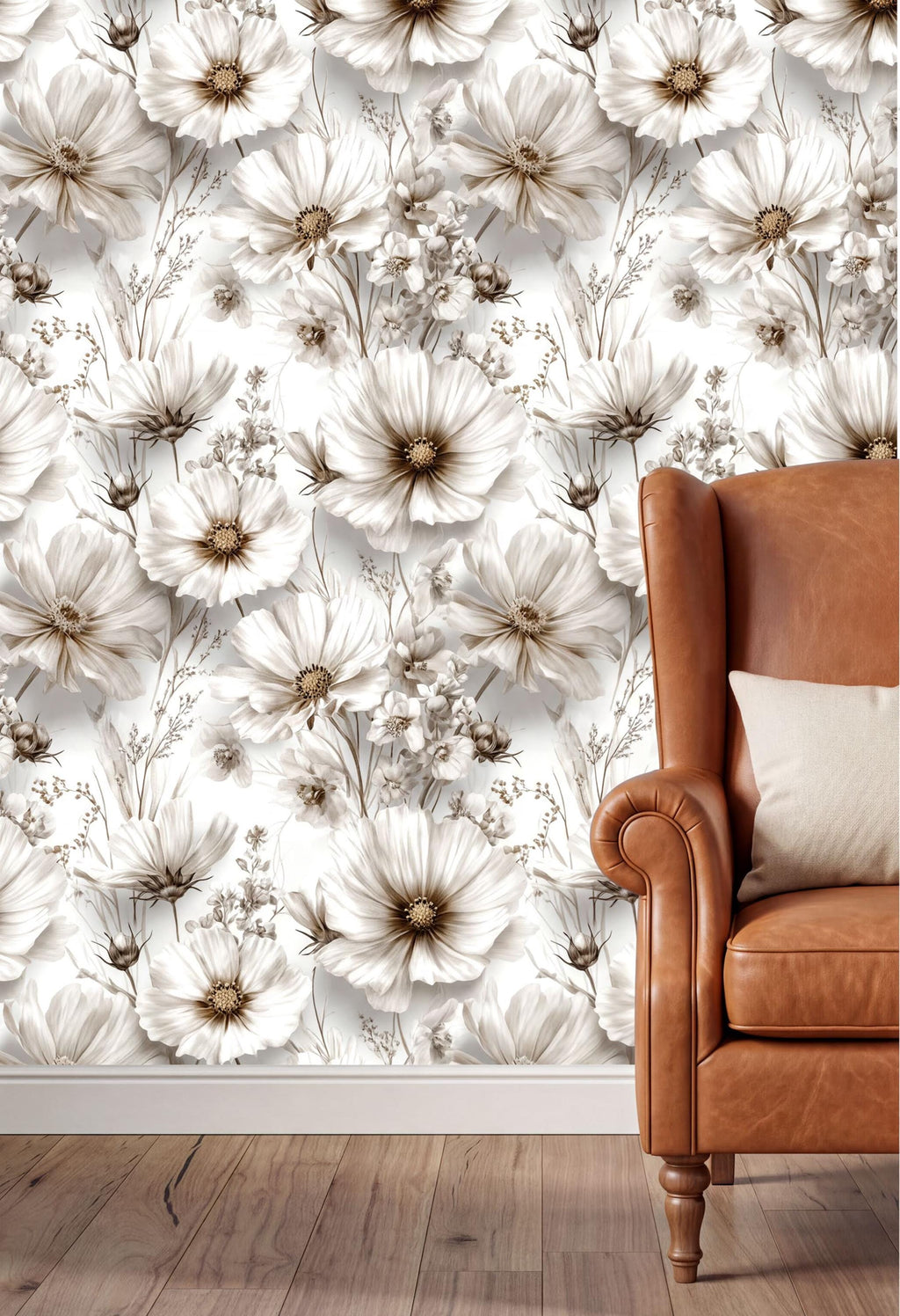 a wallpapered wall with a floral pattern, and a brown leather armchair is positioned next to it.