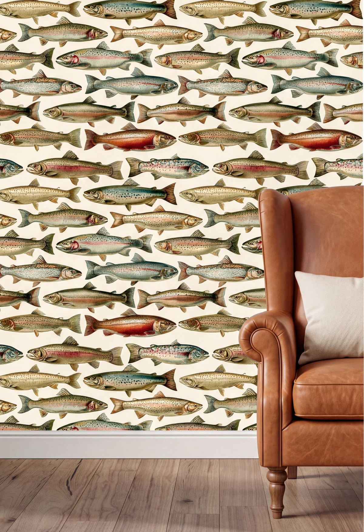 a wallpapered wall with a repeating pattern of fish, including salmon, trout, and perch, creating a vibrant and lively atmosphere. In the foreground, there is a brown leather armchair with a white pillow, providing a cozy and inviting setting.