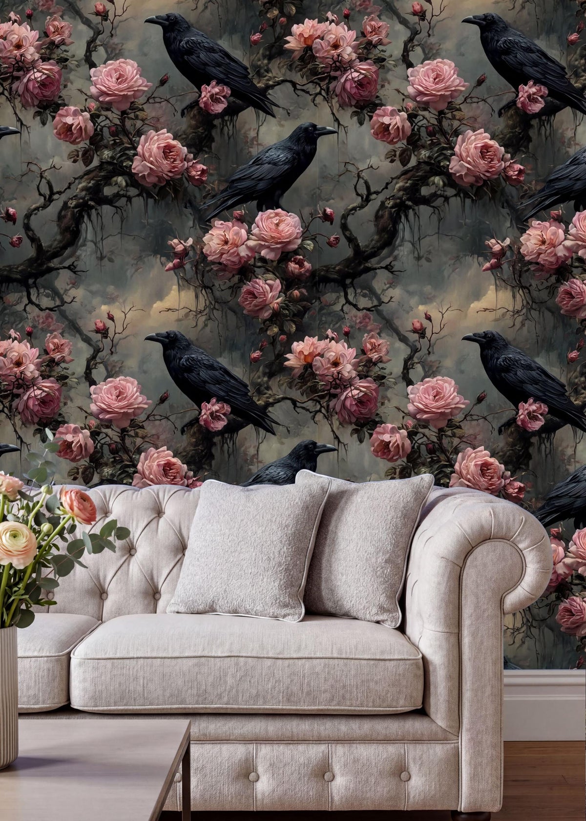 a white sofa with a floral wallpaper behind it, creating a cozy and inviting atmosphere.