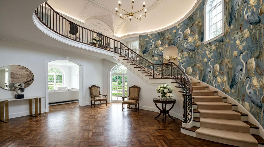 a grand, luxurious entryway with a curved staircase, ornate railings, and a large chandelier overhead. The walls are adorned with a floral wallpaper, and the wooden floor adds to the elegance of the space. The room is filled with natural light from the windows, creating a warm and inviting atmosphere.