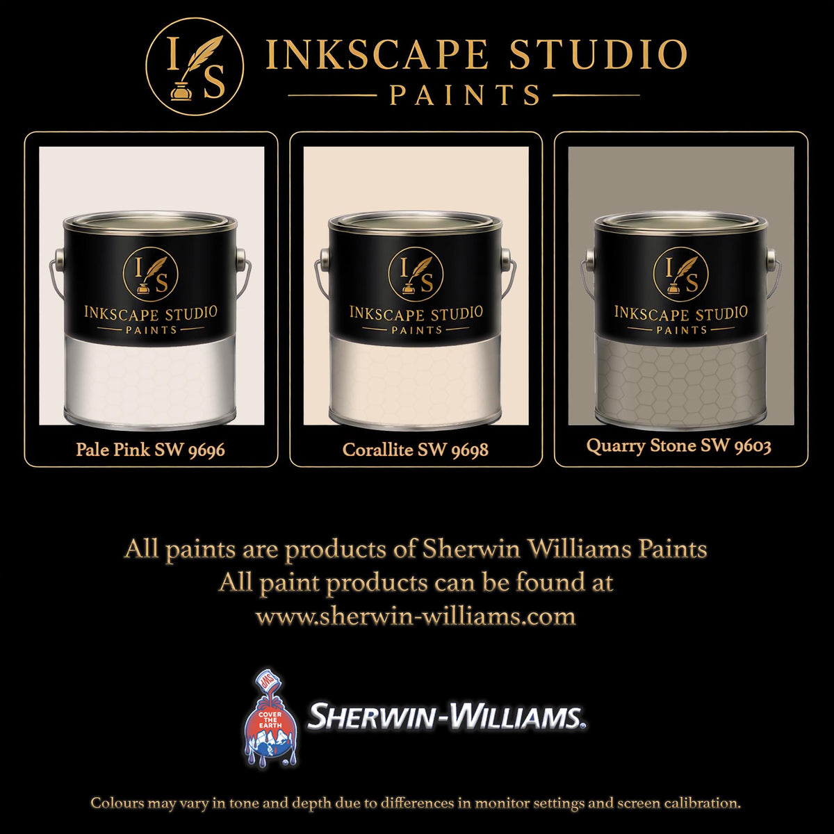 The image is an advertisement for Sherwin Williams paints, featuring three different paint color samples from the Inkscape Studio.