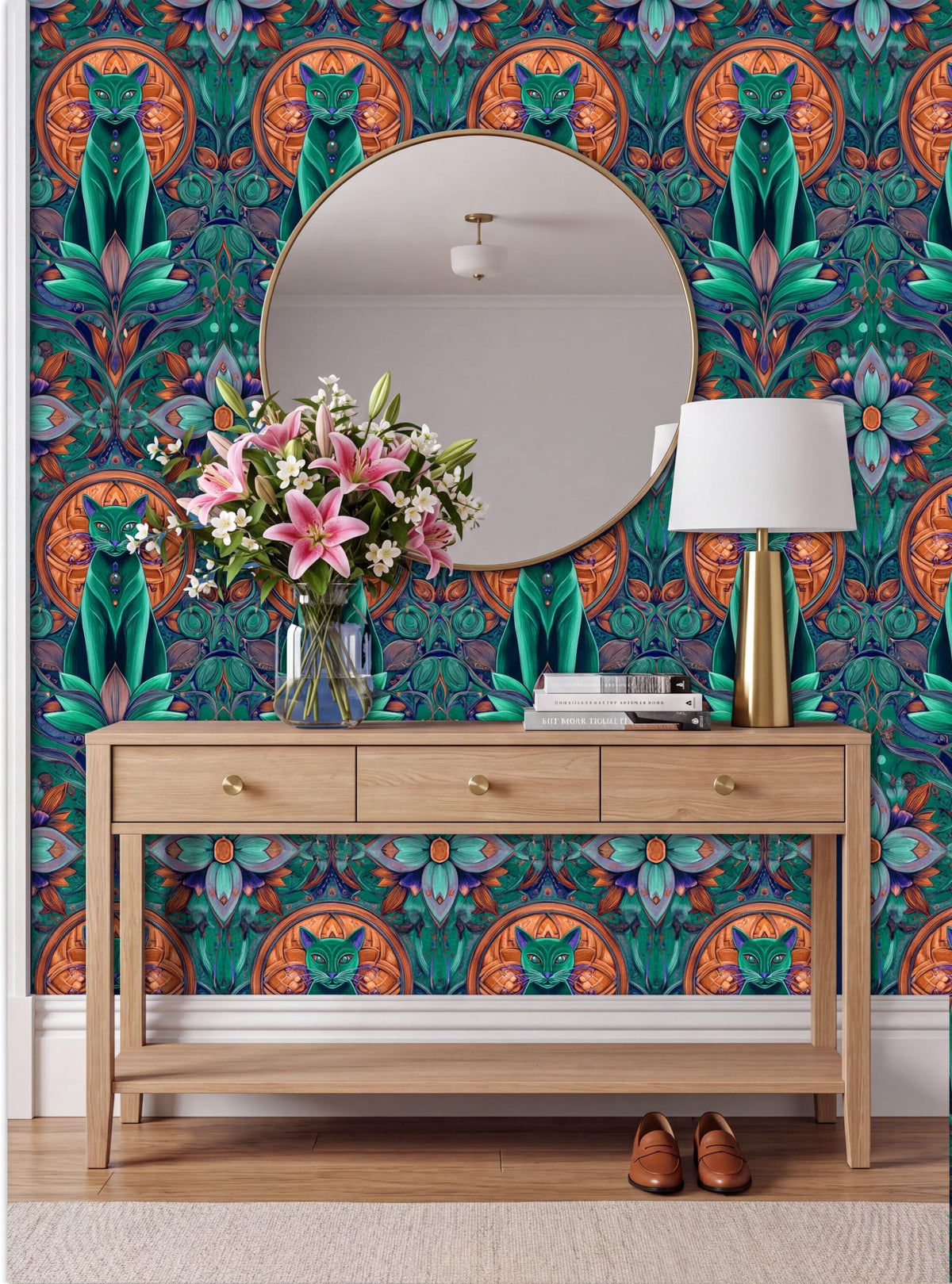 a wooden console table with a round mirror above it, set against a vibrant, colorful wallpaper with a repeating pattern of green and orange floral designs. The table is adorned with a vase of pink flowers, a lamp, and a pair of brown shoes.