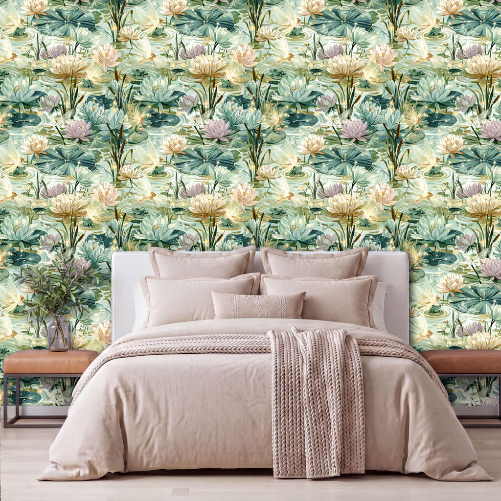 a bedroom with a large bed, a wooden nightstand, and a wallpapered wall with a floral pattern.
