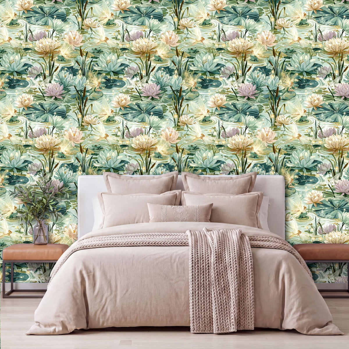 a bedroom with a large bed, a wooden nightstand, and a wallpapered wall with a floral pattern.