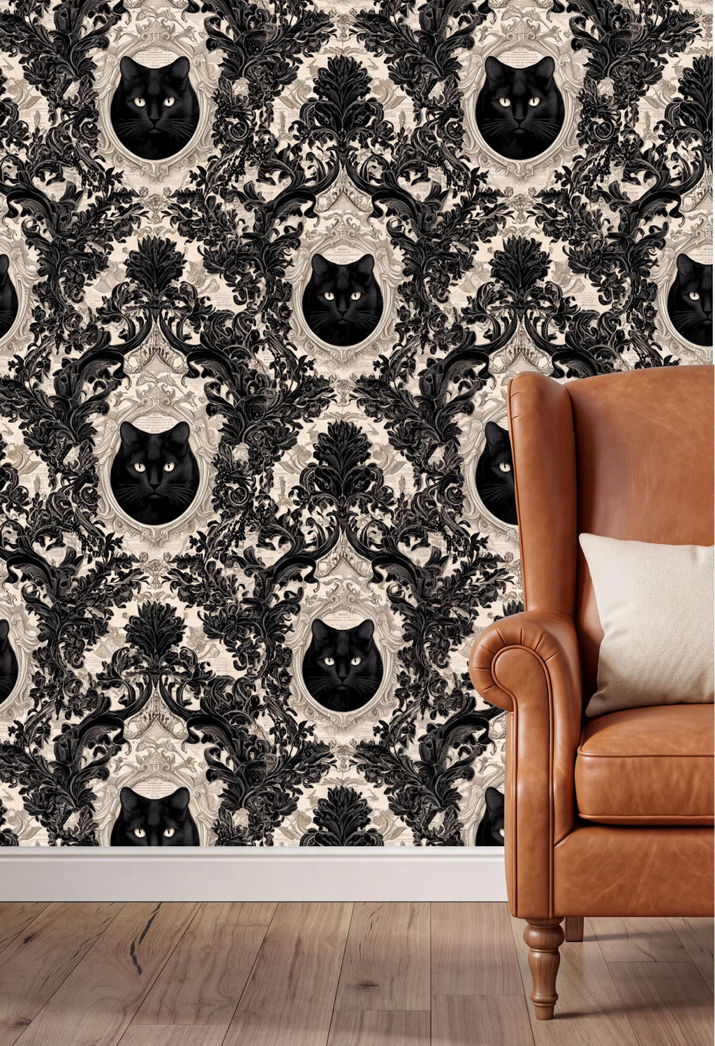 a black and white wallpaper with a repeating pattern of black cat faces in ornate frames, creating a striking and whimsical design. The wallpaper is displayed on a wall, and a brown leather armchair is positioned in the foreground, providing a cozy and inviting atmosphere.