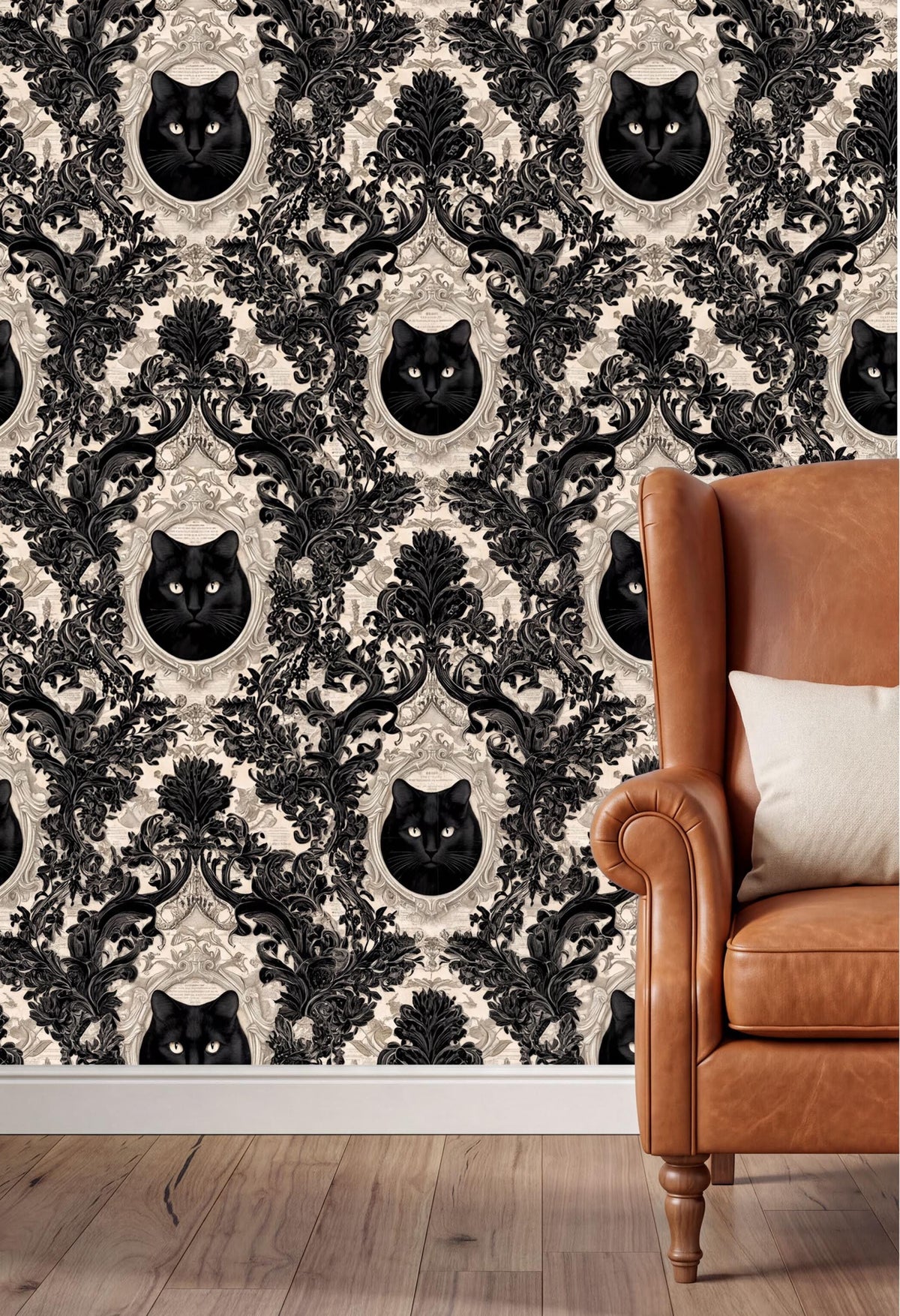 a black and white wallpaper with a repeating pattern of black cat faces in ornate frames, creating a striking and whimsical design. The wallpaper is displayed on a wall, and a brown leather armchair is positioned in the foreground, providing a cozy and inviting atmosphere.