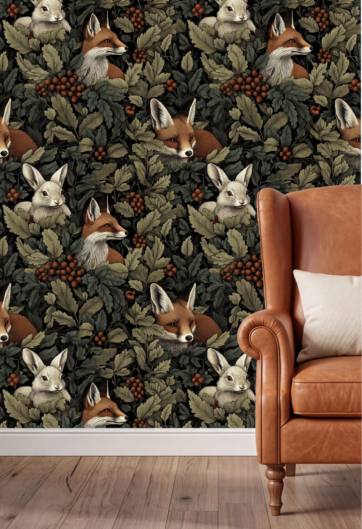 a wallpapered wall with a repeating pattern of foxes and rabbits, creating a forest-like atmosphere. In the foreground, there is a brown leather armchair with a white pillow on it.