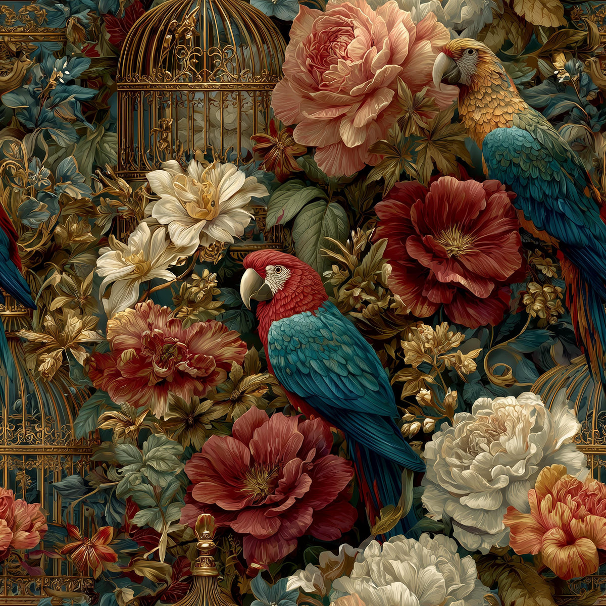 The image is a vibrant and detailed collage featuring a variety of colorful flowers, including roses, peonies, and other blooms, along with a bird perched among them. The flowers are arranged in a way that creates a lush and visually striking composition.