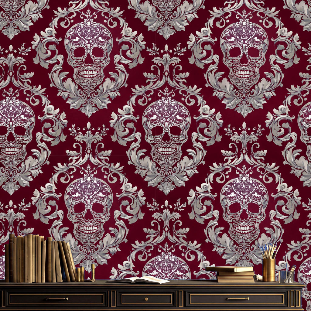 a dark red wallpaper with a repeating pattern of white skulls against a red background. On a wooden dresser in the foreground, there are several books and a vase.