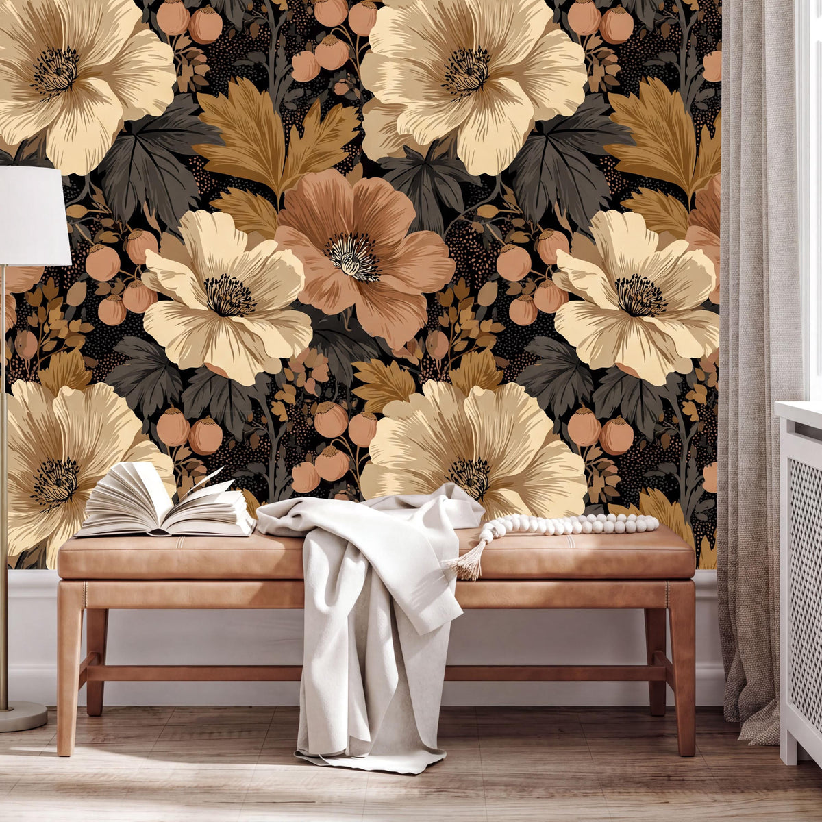 a large floral wallpaper with a mix of yellow, orange, and brown flowers and leaves, creating a warm and inviting atmosphere. In the foreground, there is a wooden bench with a white blanket draped over it, and a book is placed on the bench. The overall scene appears to be a cozy and comfortable living space.
