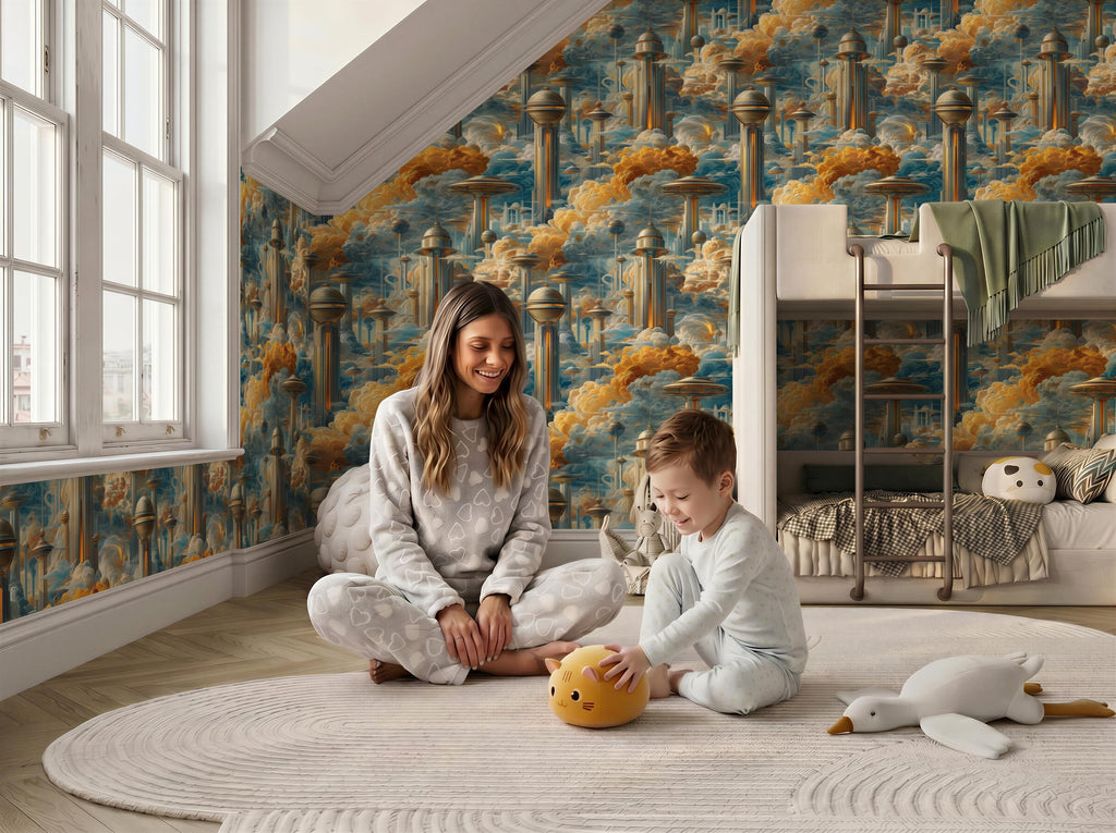 A woman and a young boy are sitting on the floor in a bedroom, playing with a stuffed animal.