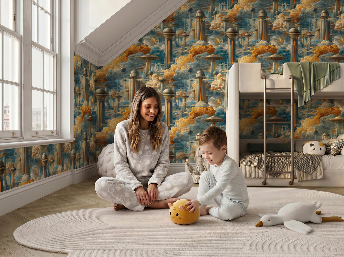 A woman and a young boy are sitting on the floor in a bedroom, playing with a stuffed animal.