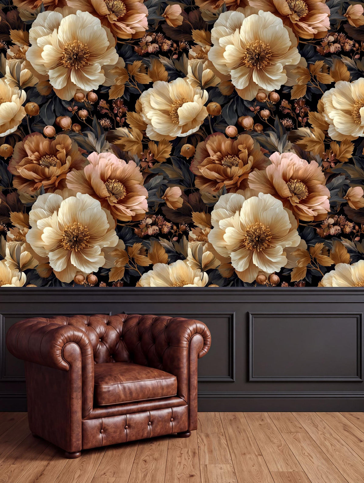 a large floral wallpaper with a dark background and a brown leather armchair positioned in front of it.