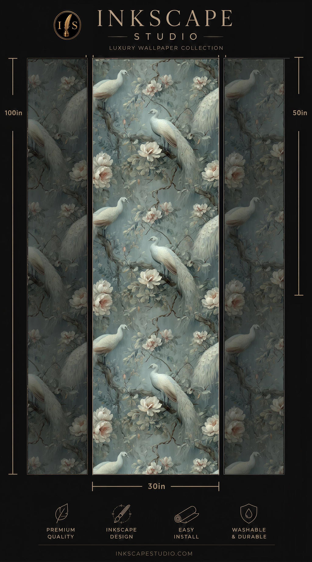 The image is a collage of three images featuring a floral pattern with white birds perched on branches. The images are arranged in a vertical format, with the tallest image on the left and the shortest on the right. The collage is part of a luxury wallpaper collection from the Inkscape Studio, which is described as a "Premium Wallpaper Collection" and "Easy to Install".