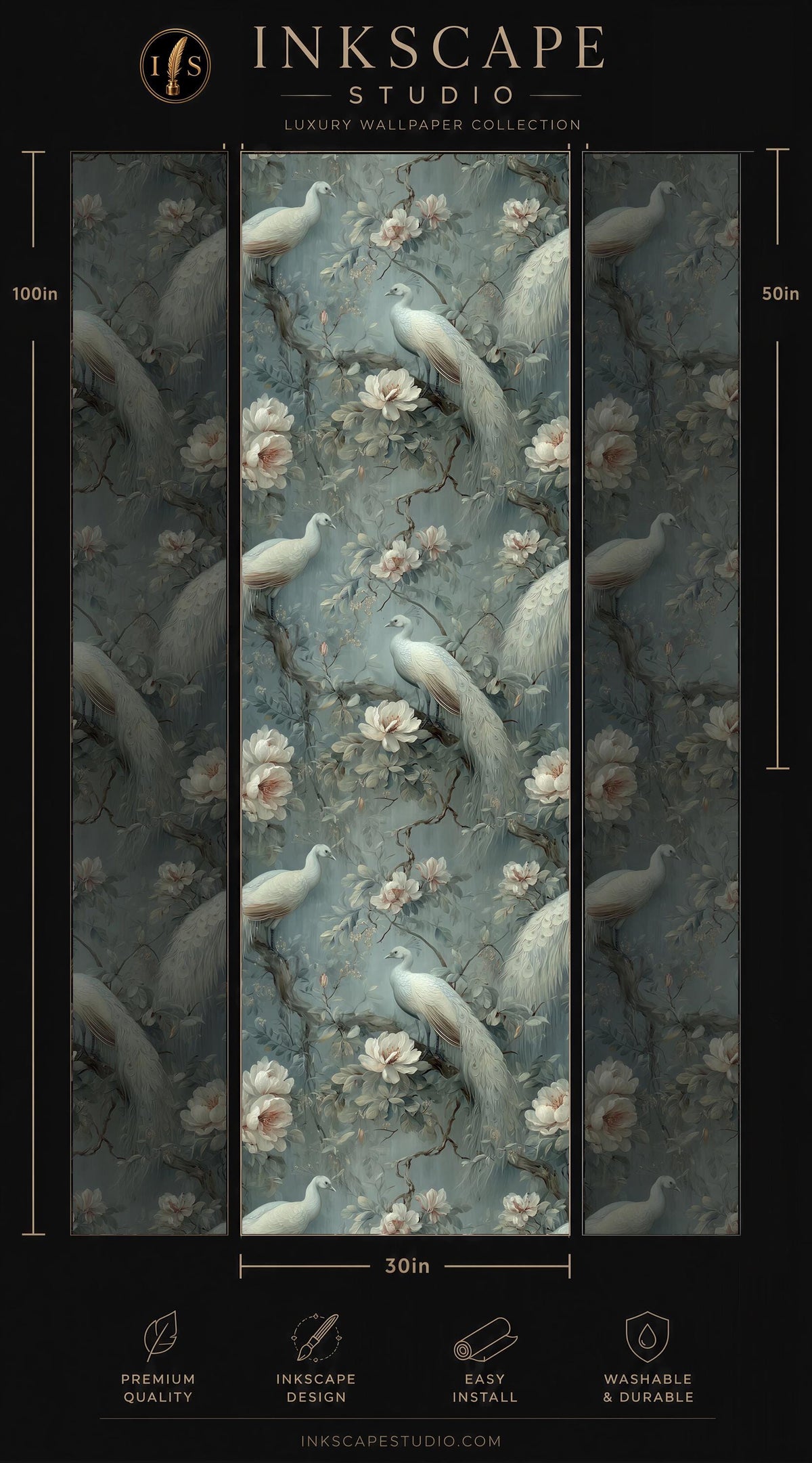 The image is a collage of three images featuring a floral pattern with white birds perched on branches. The images are arranged in a vertical format, with the tallest image on the left and the shortest on the right. The collage is part of a luxury wallpaper collection from the Inkscape Studio, which is described as a "Premium Wallpaper Collection" and "Easy to Install".