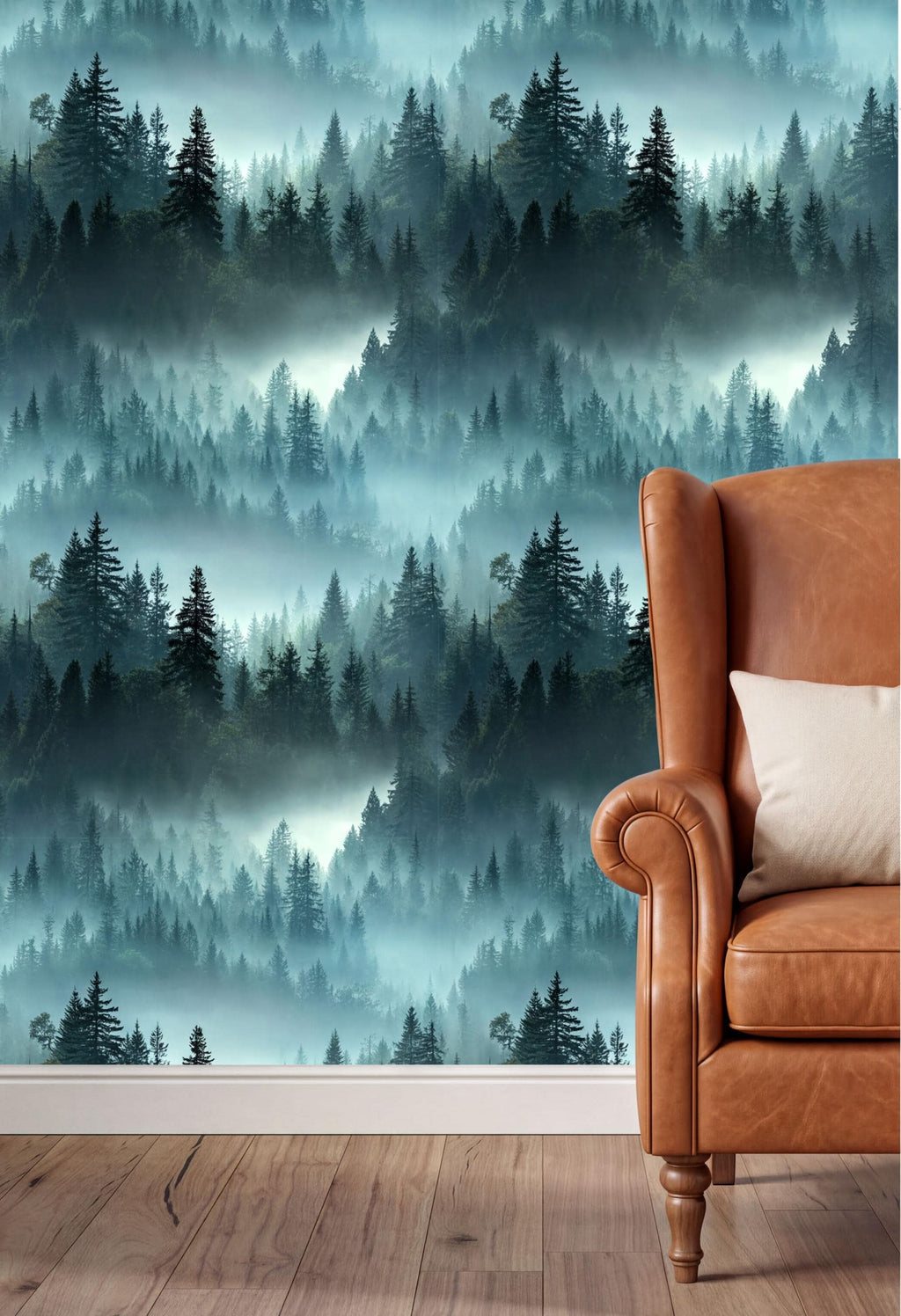 a large wall mural depicting a dense forest with misty mountains in the background. The mural is set against a wooden floor and a brown leather armchair, creating a cozy and serene atmosphere.