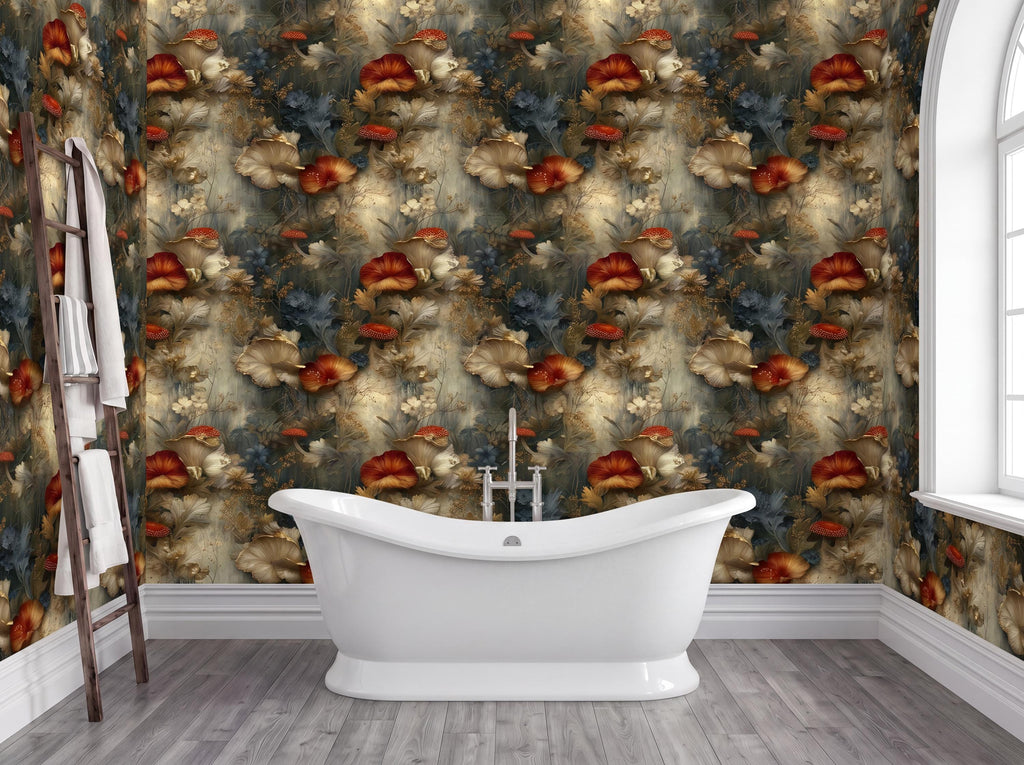 a bathroom with a white freestanding bathtub in the center, surrounded by a floral wallpaper with red and green flowers. The walls are painted in a dark green color, and there is a window on the right side of the image.
