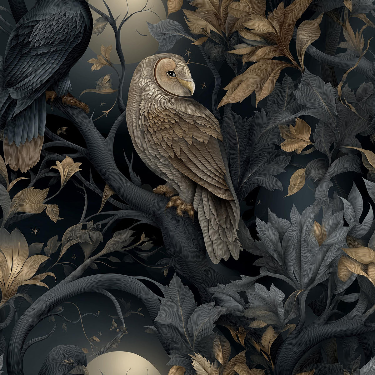 A detailed illustration of a bird perched on a branch, surrounded by a lush, dark forest with intricate foliage and flowers in shades of brown, black, and gold.