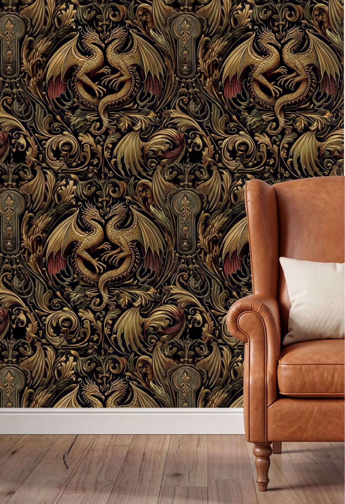 a wallpapered wall with a repeating pattern of ornate, golden-colored dragons. The wall is dark in color, creating a striking contrast with the intricate designs of the dragons. In the foreground, there is a brown leather armchair with a white pillow on it, positioned against the wallpapered wall.