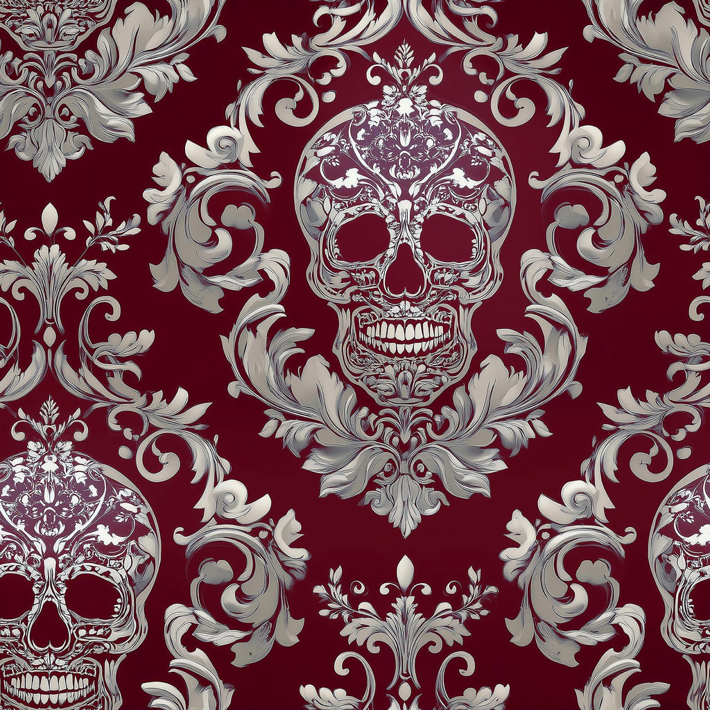 a repeating pattern of ornate, decorative skull designs in shades of red and white against a dark red background. The skulls are intricately detailed and surrounded by elaborate floral and scroll designs, creating a striking and visually captivating pattern.