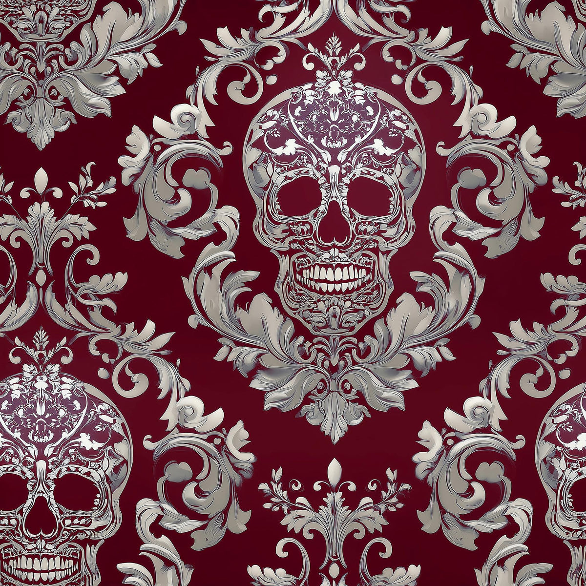 a repeating pattern of ornate, decorative skull designs in shades of red and white against a dark red background. The skulls are intricately detailed and surrounded by elaborate floral and scroll designs, creating a striking and visually captivating pattern.