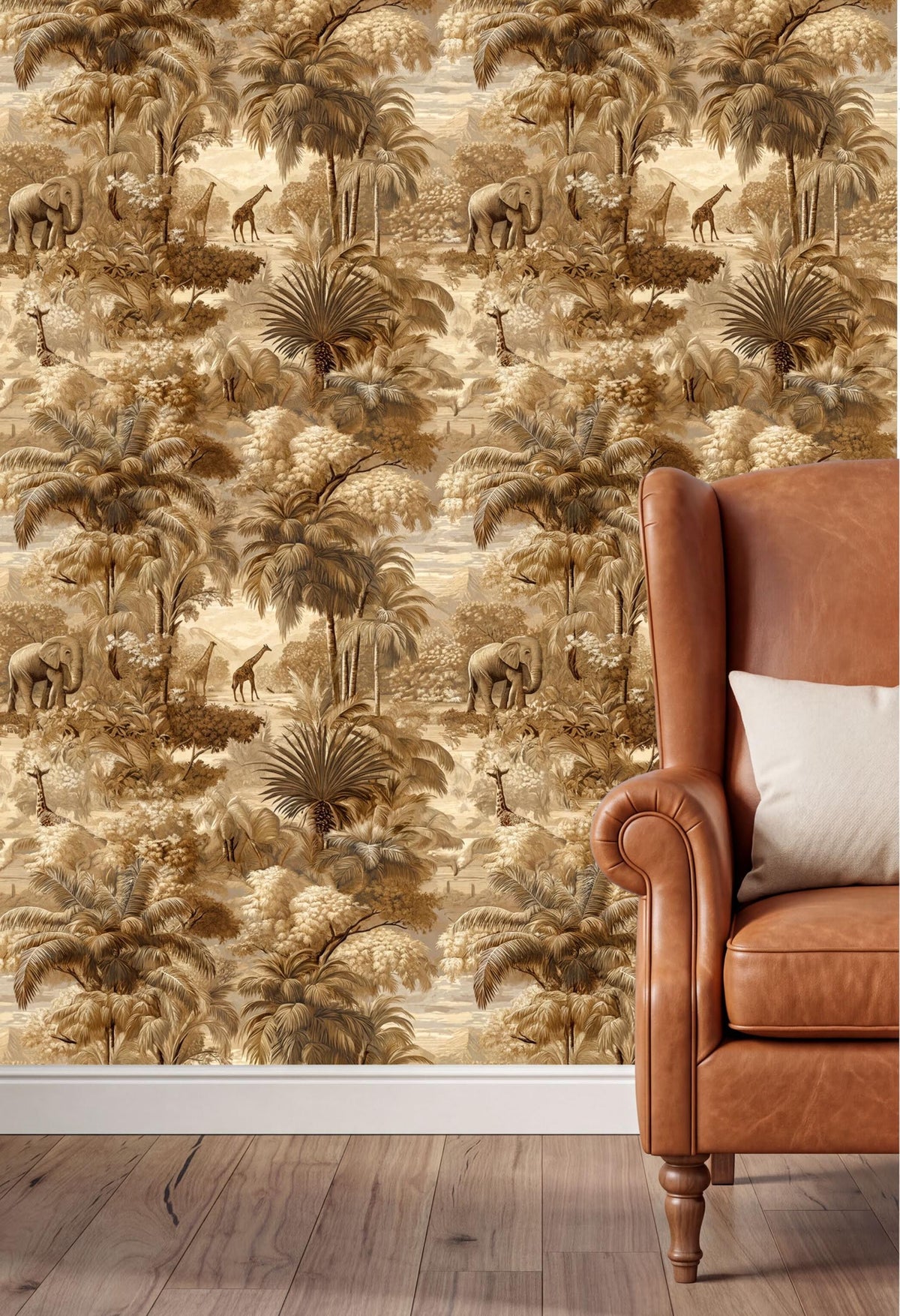 a wallpapered wall with a tropical jungle scene, including palm trees, elephants, and giraffes, creating a lush and vibrant atmosphere. In the foreground, there is a brown leather armchair with a white pillow, providing a cozy and inviting seating area.