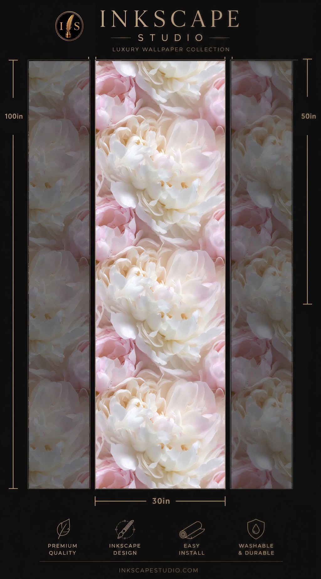 The image is a collage of three images featuring a close-up view of white and pink flowers, likely peonies, against a dark background. The collage is presented in a vertical format, with each image being 50 inches tall. The collage is part of a luxury wallpaper collection from the Inkscape Studio, which is described as a premium wallpaper product.