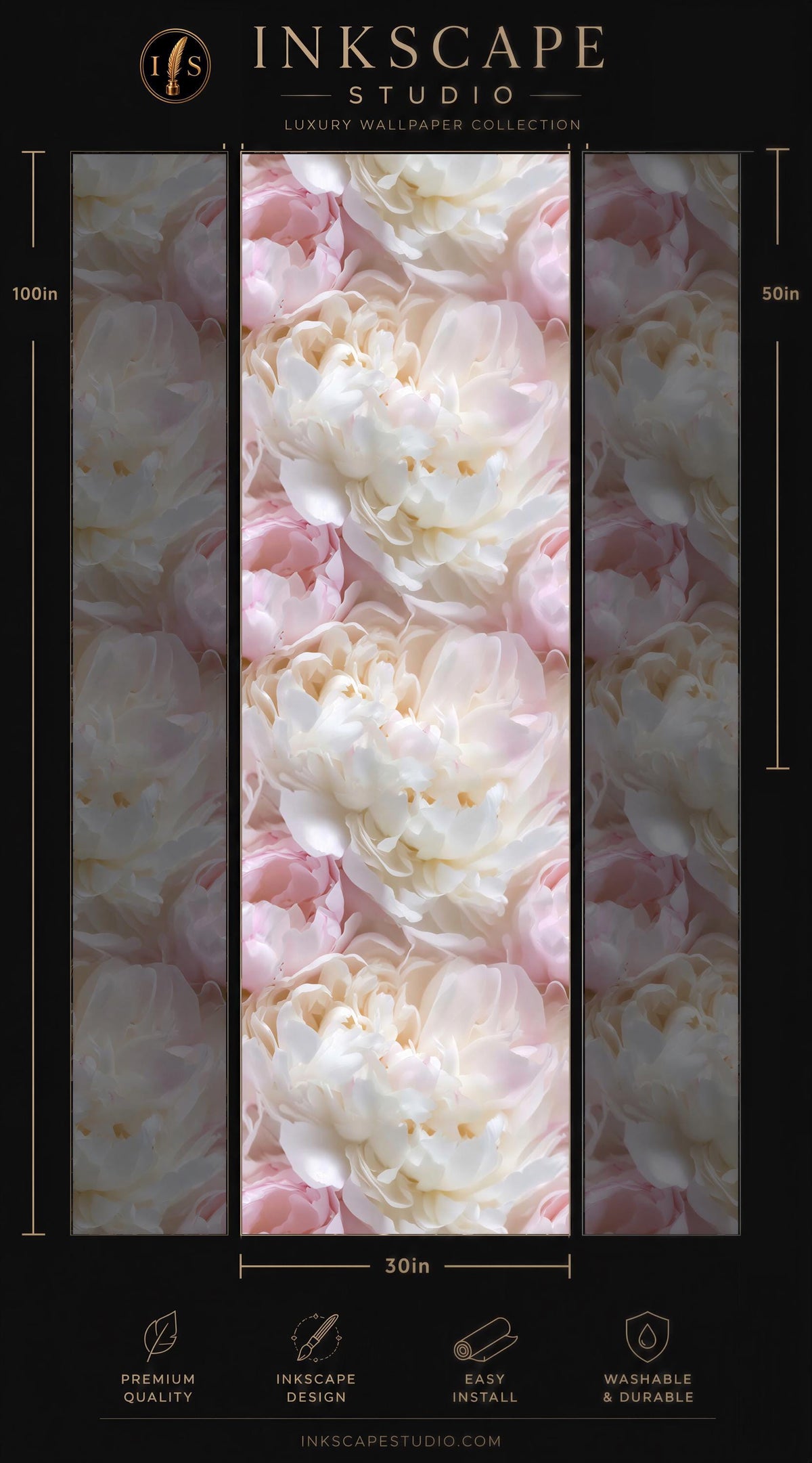 The image is a collage of three images featuring a close-up view of white and pink flowers, likely peonies, against a dark background. The collage is presented in a vertical format, with each image being 50 inches tall. The collage is part of a luxury wallpaper collection from the Inkscape Studio, which is described as a premium wallpaper product.