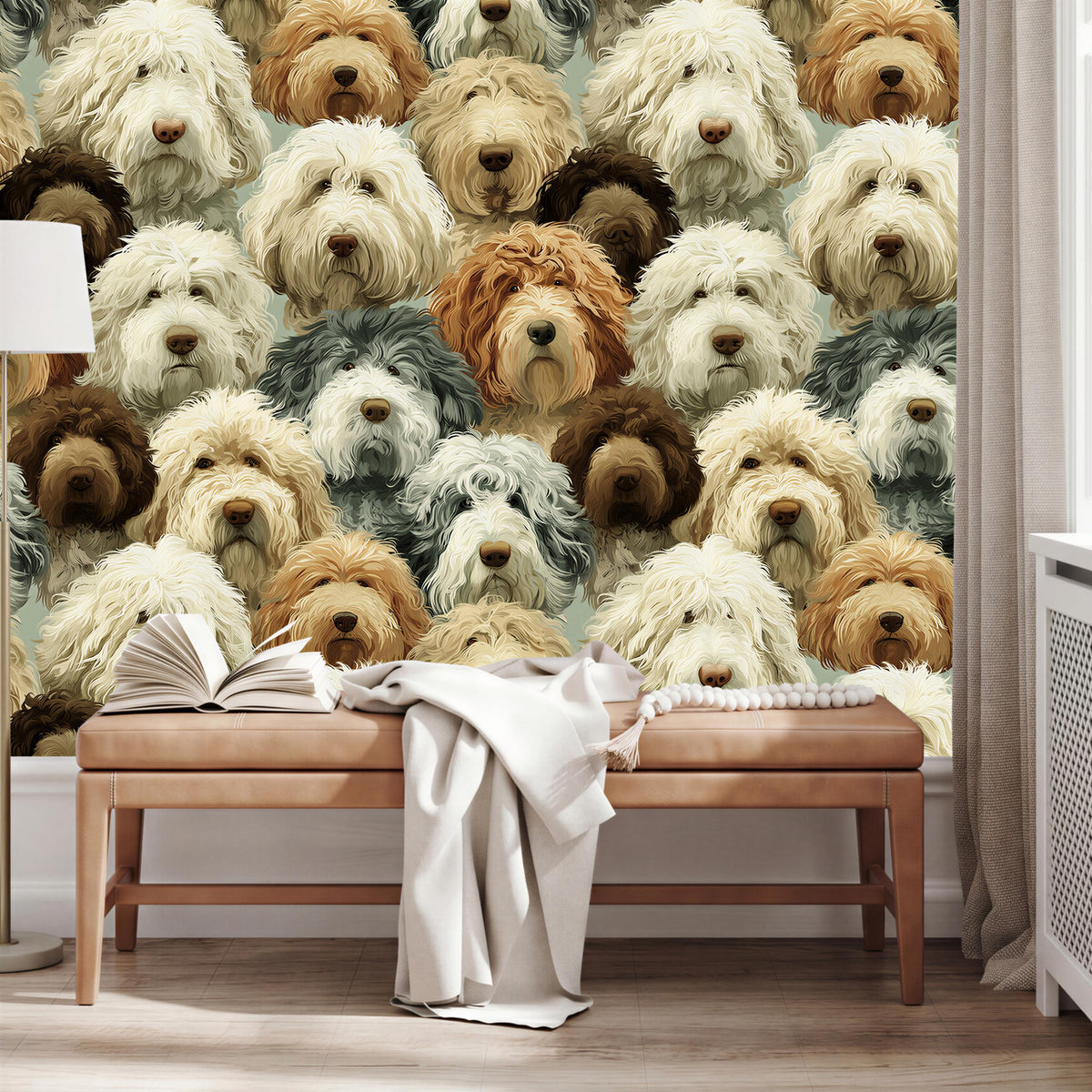 a wallpapered wall with a collage of various dog breeds' faces, including poodles, golden retrievers, and other breeds, arranged in a visually appealing manner. In the foreground, there is a wooden bench with an open book and a white blanket on it.