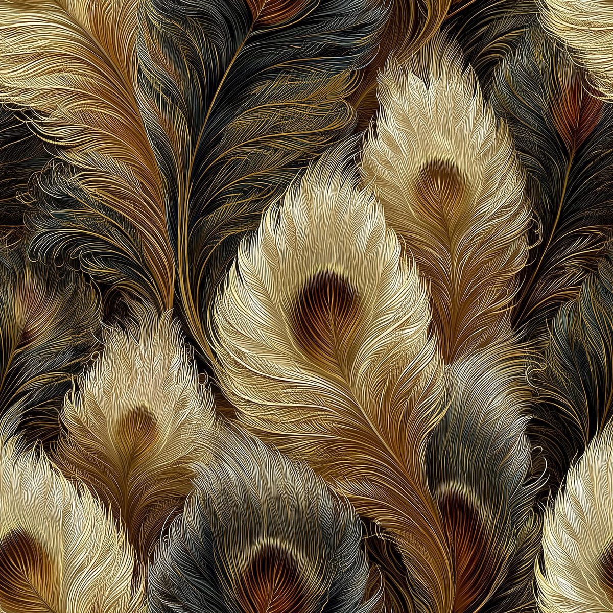The image is a close-up of numerous peacock feathers, showcasing their intricate and vibrant patterns. The feathers display a range of colors, including shades of brown, black, and gold, creating a visually striking and captivating display.