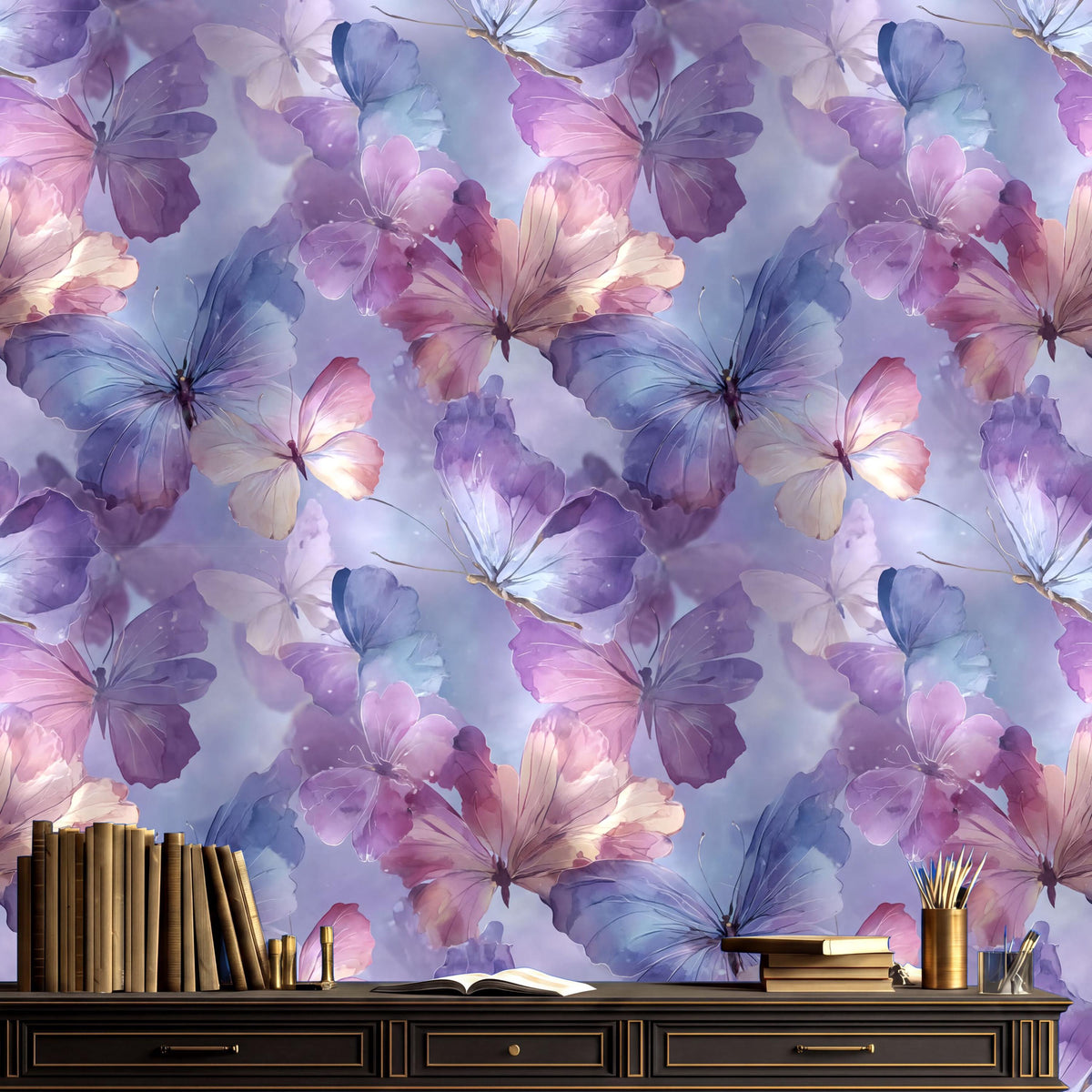 a wallpapered wall with a repeating pattern of purple and pink butterflies. On a wooden dresser in the foreground, there are several books and a cup.