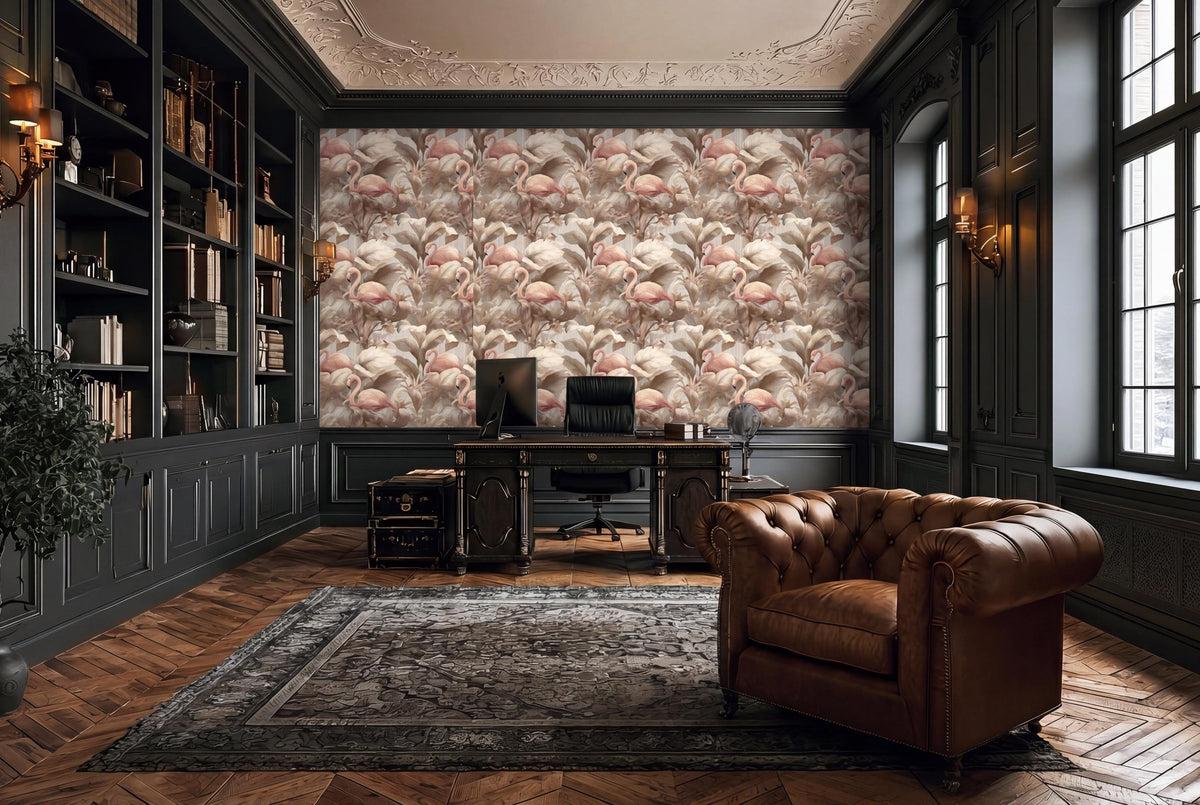 a luxurious and well-appointed home office with a large, ornate wallpaper featuring a floral pattern. The room is furnished with a tufted leather armchair, a wooden desk, and a large bookshelf filled with books. The room has a high ceiling with decorative molding, and the floor is made of wood.