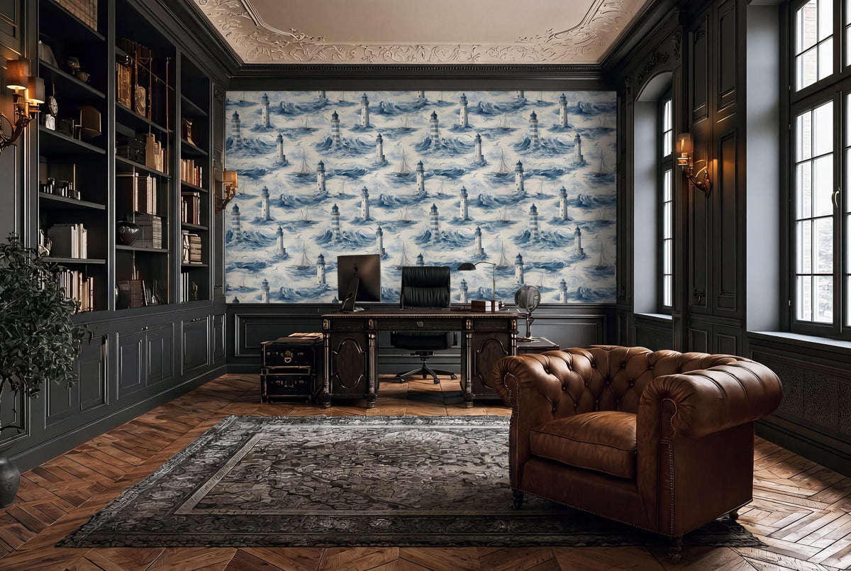a well-appointed home office with a large bookshelf, a desk with a computer, and a comfortable leather armchair. The walls are adorned with a blue and white patterned wallpaper, and the room has a dark wood floor.