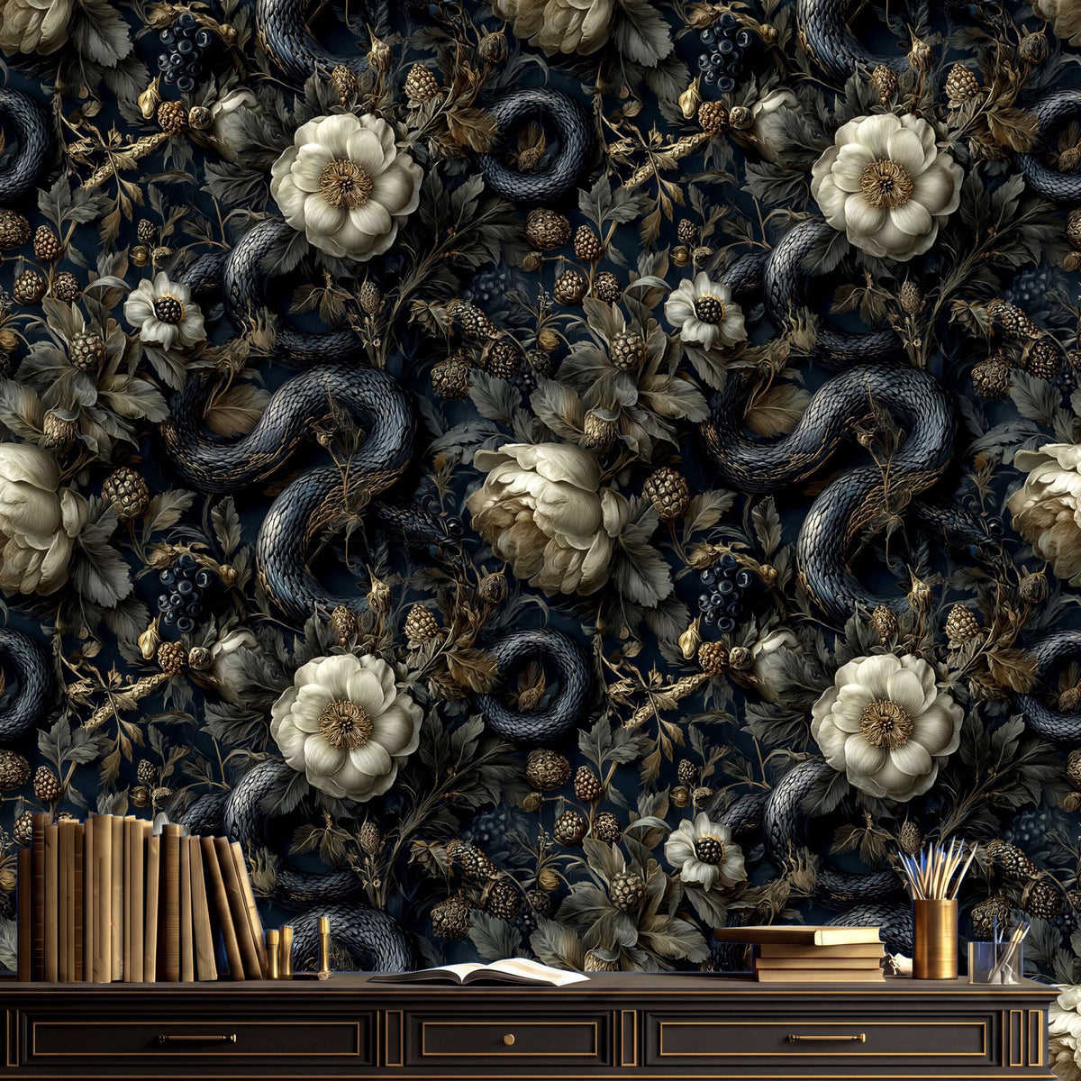 a dark blue wall with a striking floral pattern of white and gold flowers, interspersed with black and gold snakes. On a wooden desk in the foreground, there are several books and a vase with flowers.
