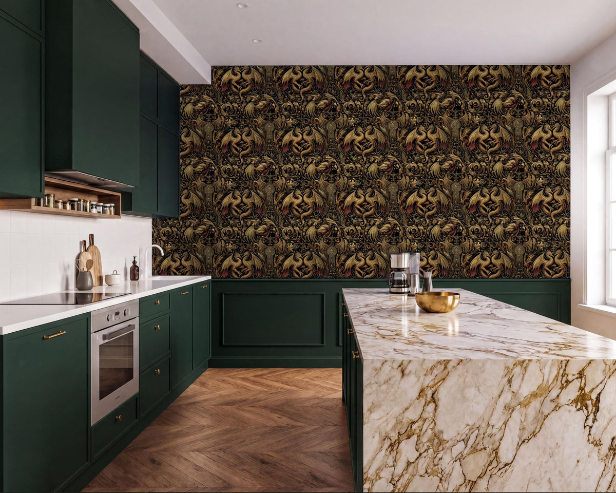 a modern kitchen with a marble countertop, dark green cabinets, and a gold bowl on the countertop.